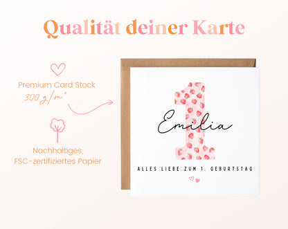 Personalisierte Karte zum ersten Geburtstag – Erdbeere