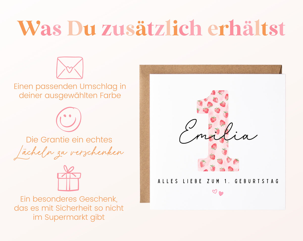 Personalisierte Karte zum ersten Geburtstag – Erdbeere