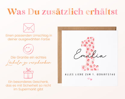 Personalisierte Karte zum ersten Geburtstag – Erdbeere