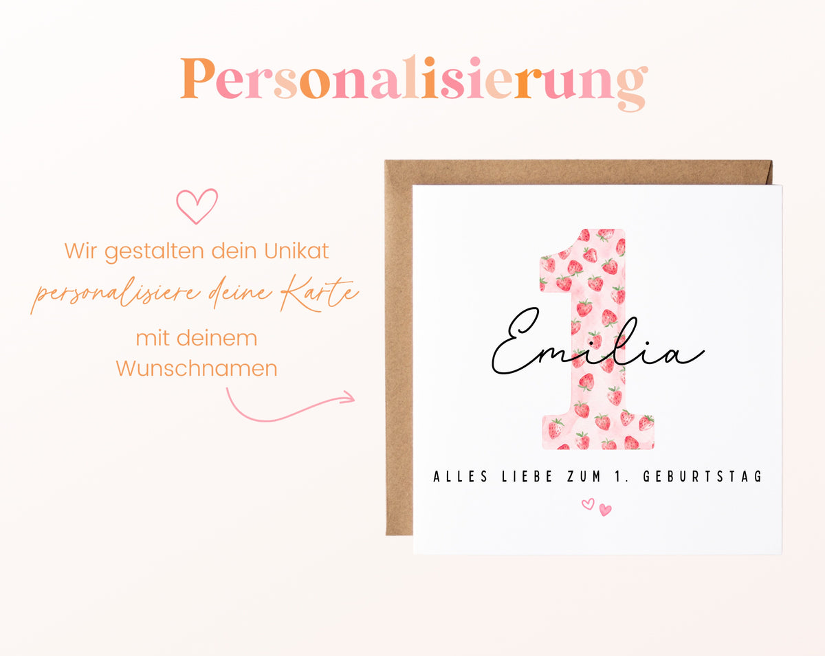 Personalisierte Karte zum ersten Geburtstag – Erdbeere