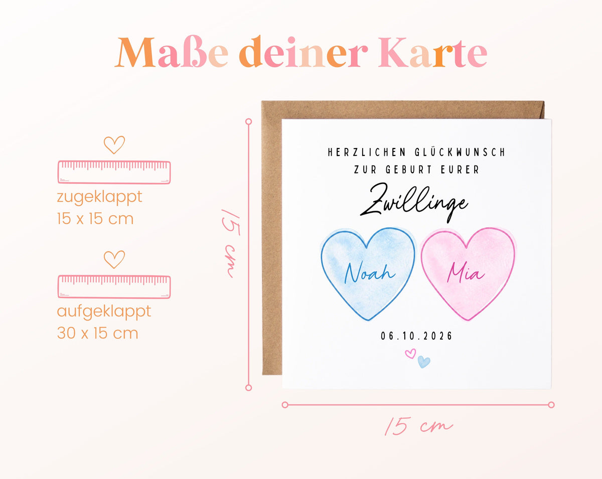 Zwillingskarte zur Geburt – rosa und blaues Herz – 04 masse