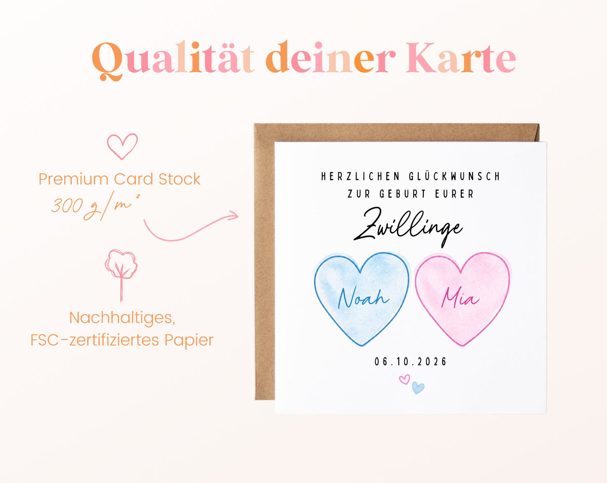 Zwillingskarte zur Geburt – rosa und blaues Herz – 05B qualitaet 300