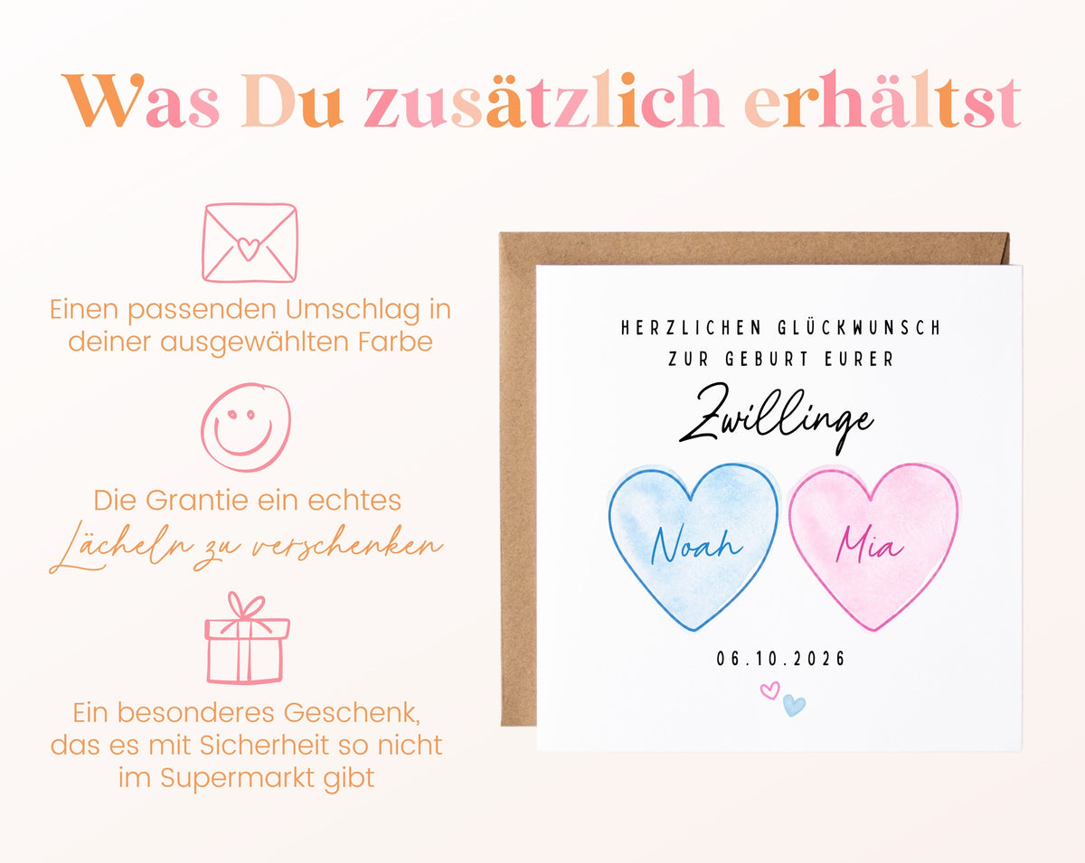 Zwillingskarte zur Geburt – rosa und blaues Herz – 06 zusaetzlich