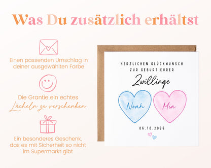 Zwillingskarte zur Geburt – rosa und blaues Herz – 06 zusaetzlich