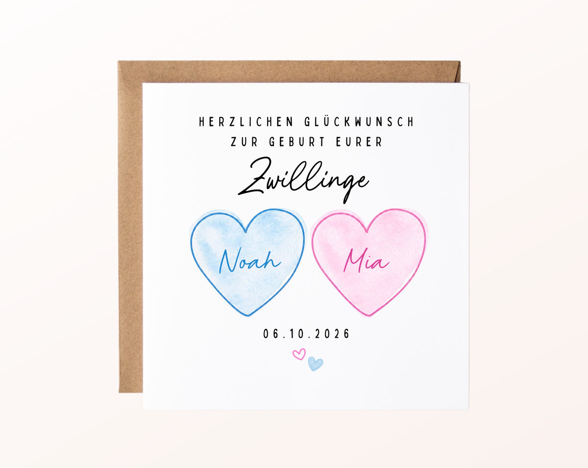 Zwillingskarte zur Geburt – rosa und blaues Herz – FabSiShop Mockup