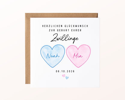 Zwillingskarte zur Geburt – rosa und blaues Herz – FabSiShop Mockup