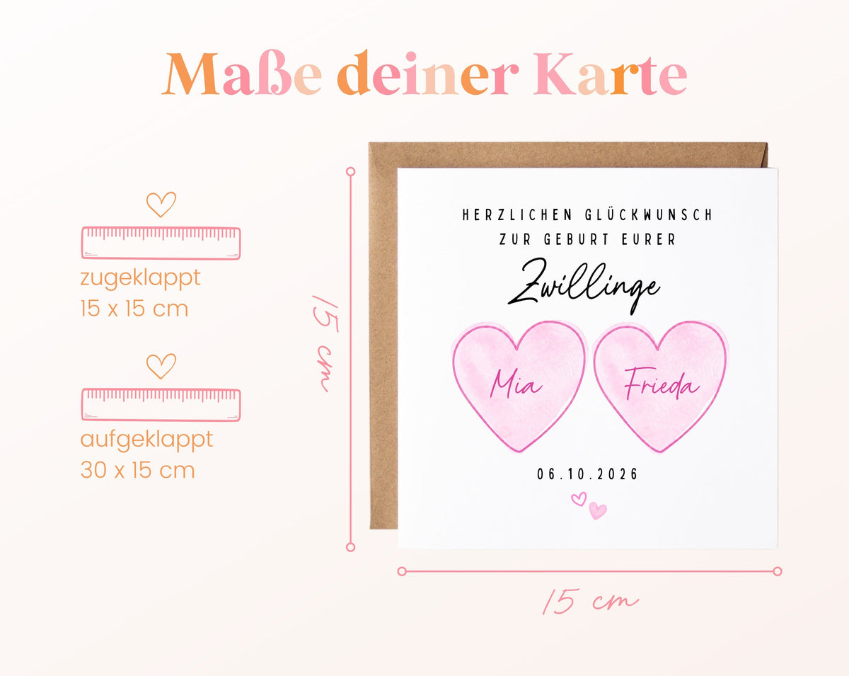 Zwillingskarte zur Geburt – zwei rosa Herzen – 04 masse