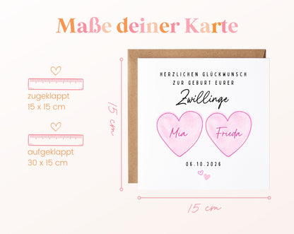 Zwillingskarte zur Geburt – zwei rosa Herzen – 04 masse