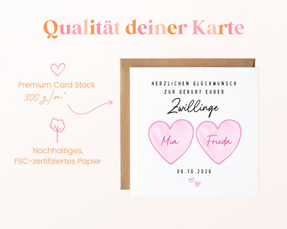 Zwillingskarte zur Geburt – zwei rosa Herzen – 05B qualitaet 300
