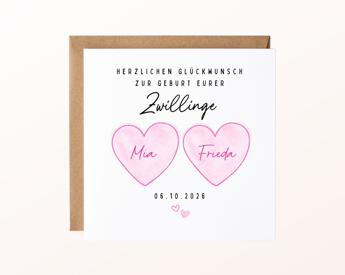 Zwillingskarte zur Geburt – zwei rosa Herzen – FabSiShop Mockup