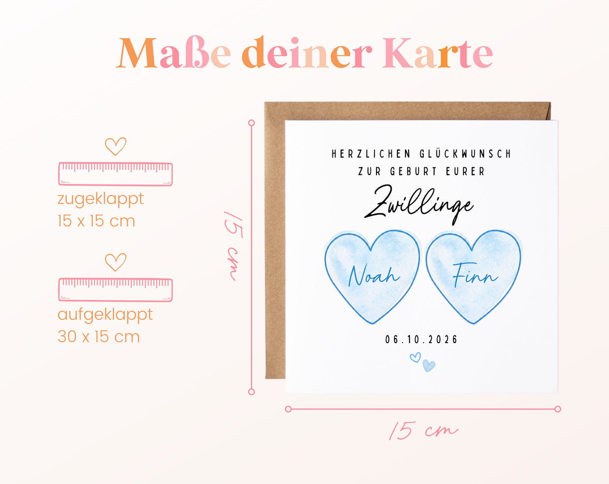 Zwillingskarte zur Geburt – zwei blaue Herzen – 04 masse
