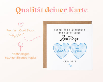 Zwillingskarte zur Geburt – zwei blaue Herzen – 05B qualitaet 300