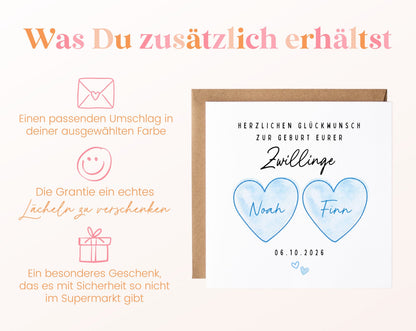 Zwillingskarte zur Geburt – zwei blaue Herzen – 06 zusaetzlich