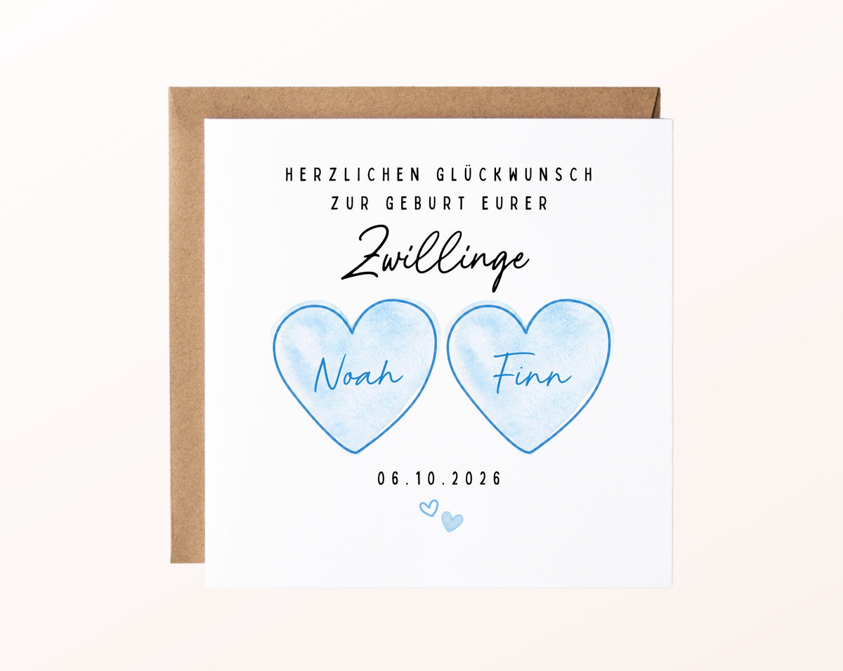 Zwillingskarte zur Geburt – zwei blaue Herzen – FabSiShop Mockup