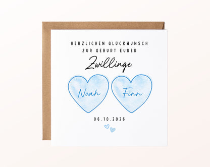 Zwillingskarte zur Geburt – zwei blaue Herzen – FabSiShop Mockup