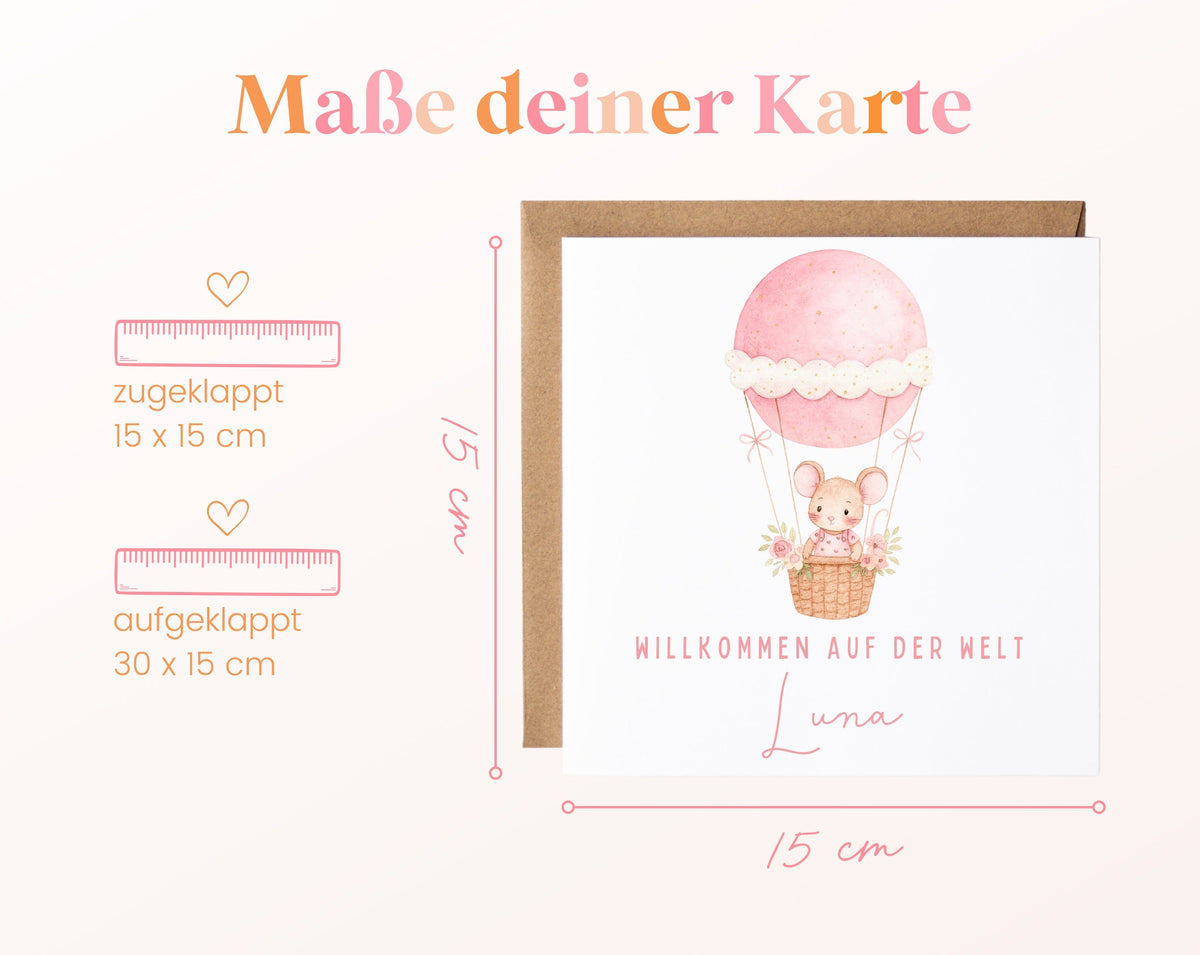 Geburtskarte Maus im Heißluftballon – Rosa – 04 masse
