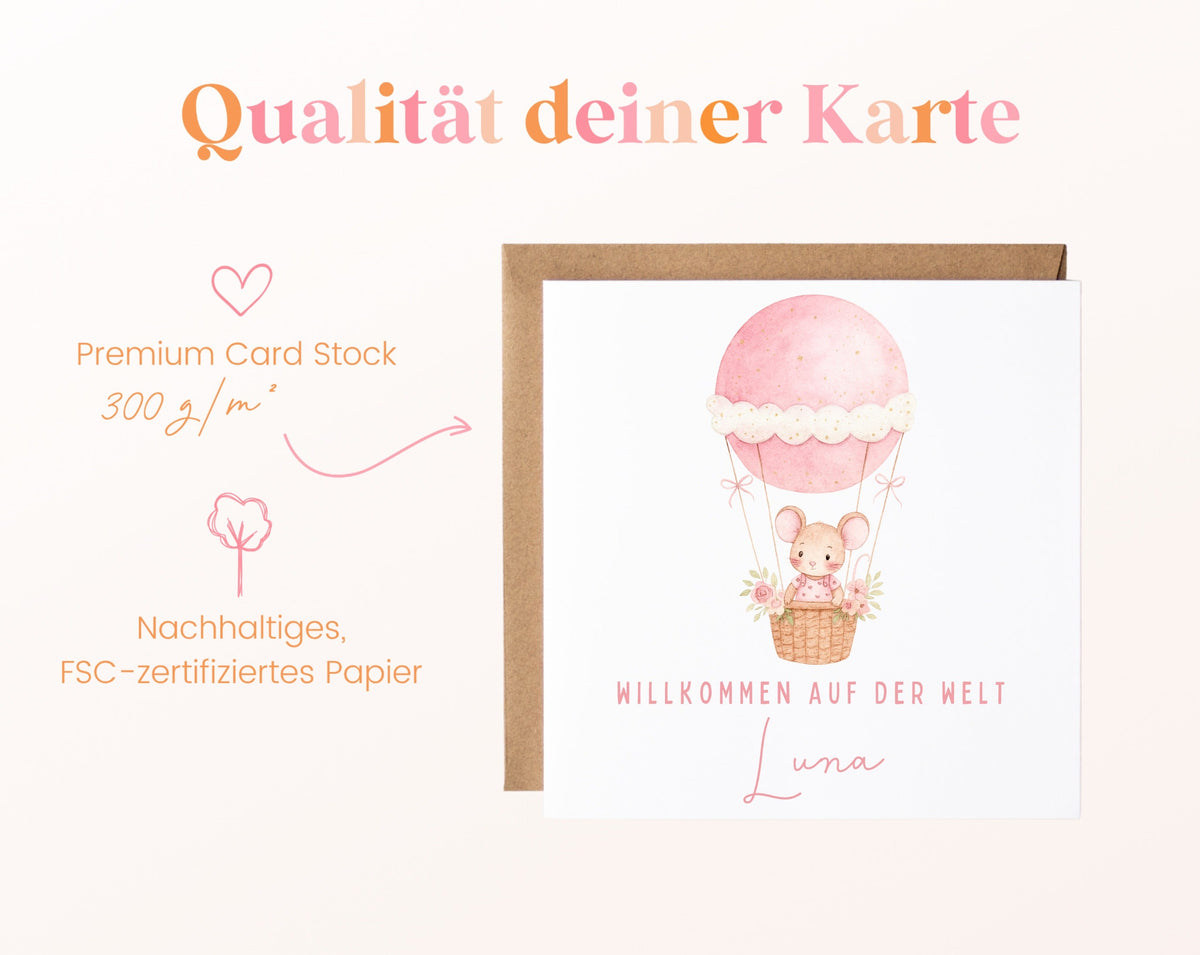 Geburtskarte Maus im Heißluftballon – Rosa – 05B qualitaet 300