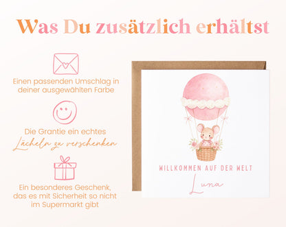 Geburtskarte Maus im Heißluftballon – Rosa – 06 zusaetzlich