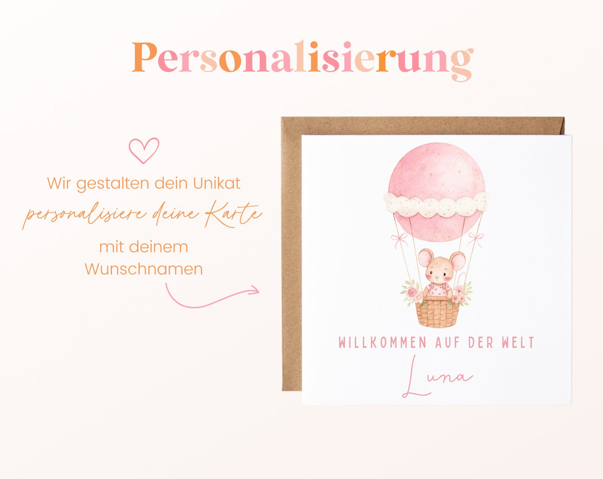 Geburtskarte Maus im Heißluftballon – Rosa – 08 perso ein wunschname