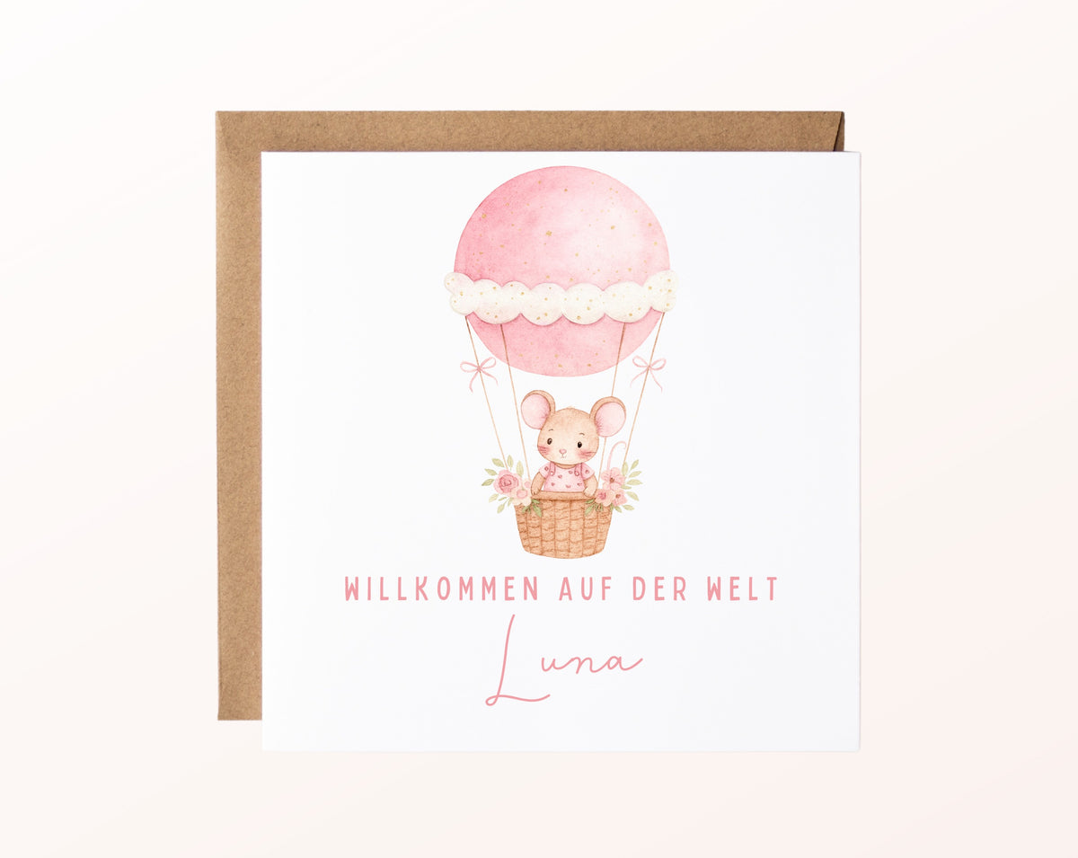 Geburtskarte Maus im Heißluftballon – Rosa – FabSiShop Mockup