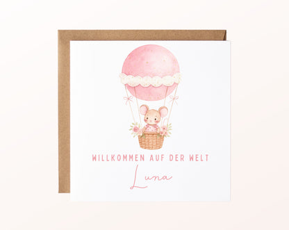 Geburtskarte Maus im Heißluftballon – Rosa – FabSiShop Mockup