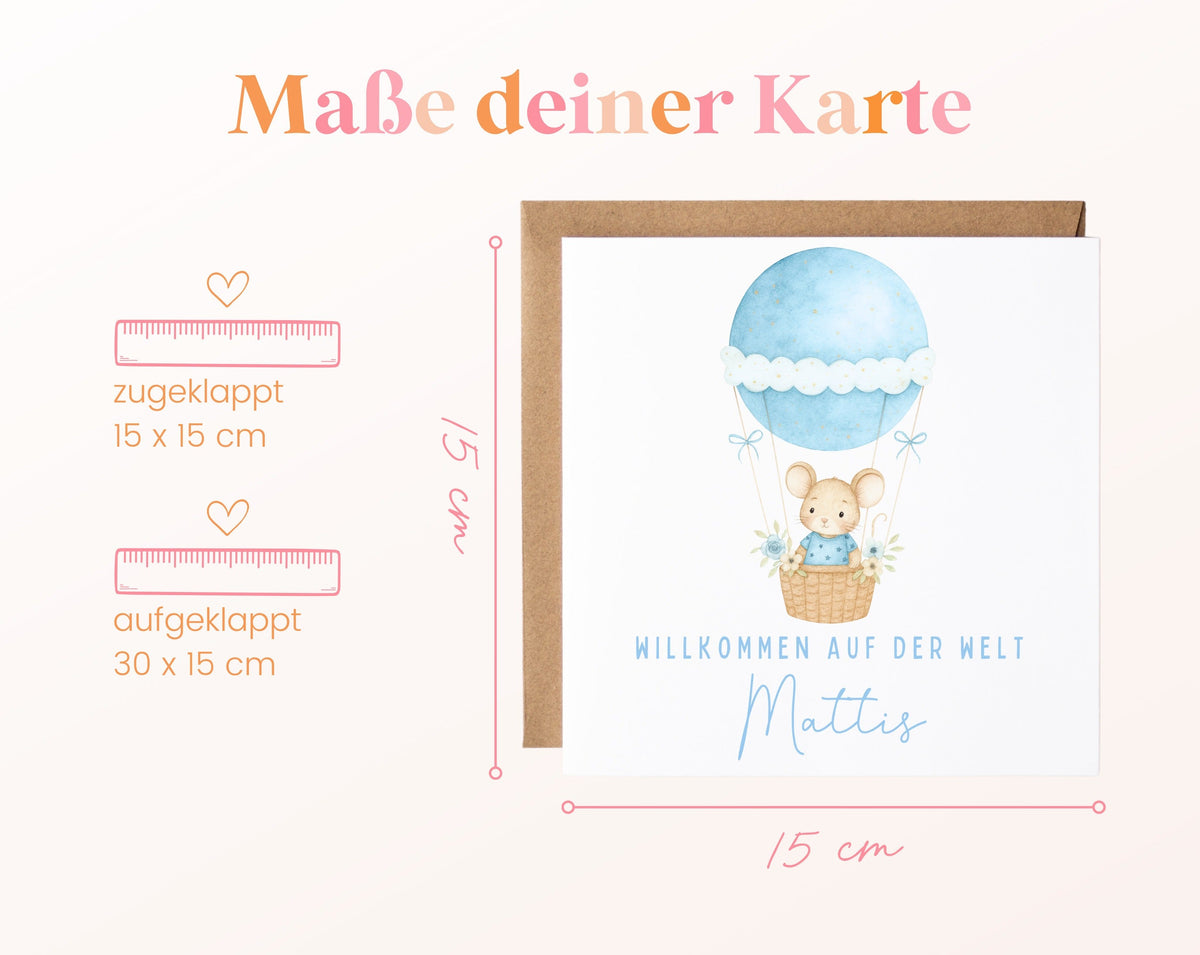 Geburtskarte Maus im Heißluftballon – Hellblau – 04 masse
