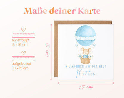 Geburtskarte Maus im Heißluftballon – Hellblau – 04 masse