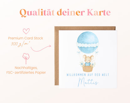 Geburtskarte Maus im Heißluftballon – Hellblau – 05B qualitaet 300