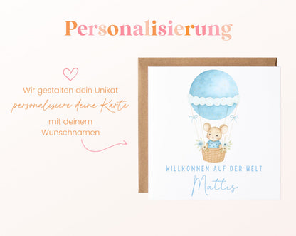 Geburtskarte Maus im Heißluftballon – Hellblau – 08 perso ein wunschname