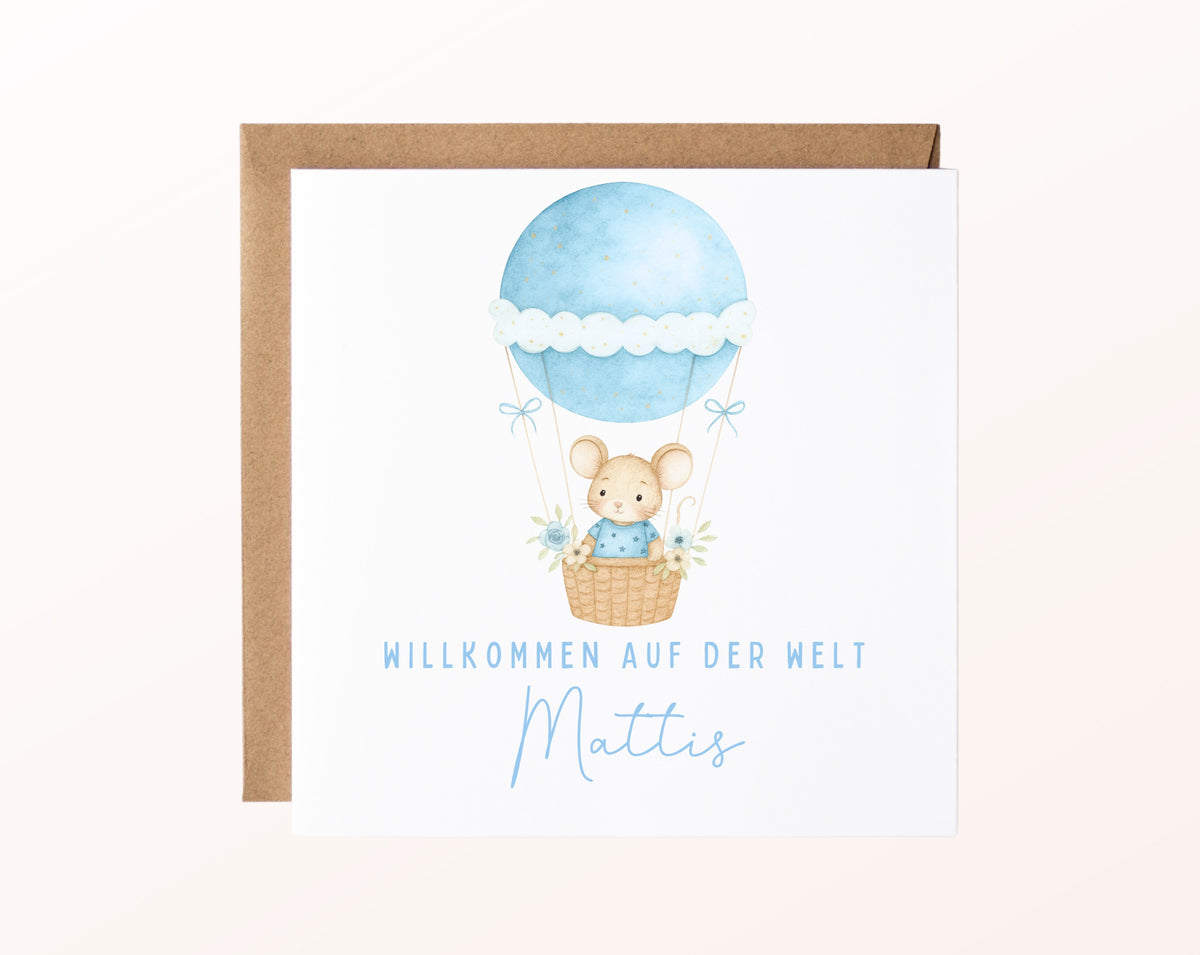 Geburtskarte Maus im Heißluftballon – Hellblau – FabSiShop Mockup