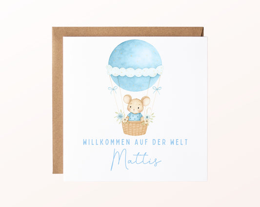Geburtskarte Maus im Heißluftballon – Hellblau – FabSiShop Mockup