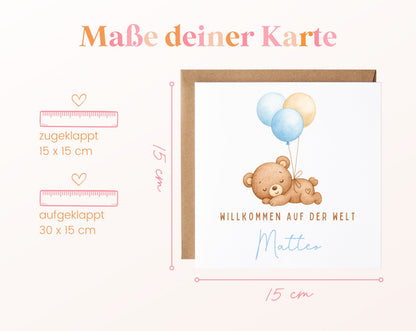 Geburtskarte Bär mit Luftballons – Hellblau – 04 masse