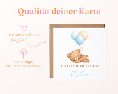 Geburtskarte Bär mit Luftballons – Hellblau – 05B qualitaet 300