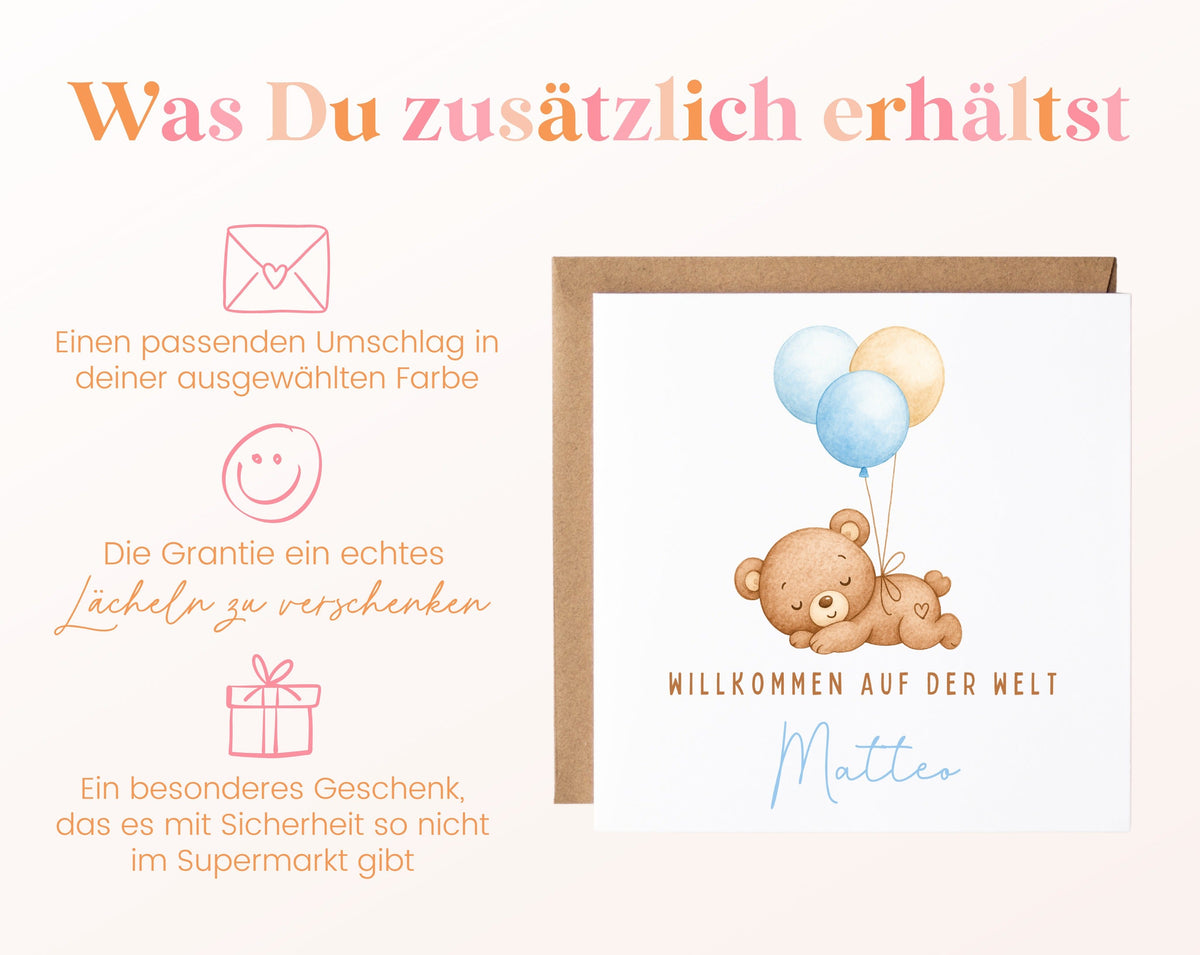 Geburtskarte Bär mit Luftballons – Hellblau – 06 zusaetzlich