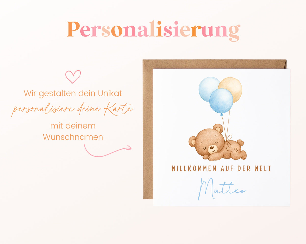 Geburtskarte Bär mit Luftballons – Hellblau – 08 perso ein wunschname