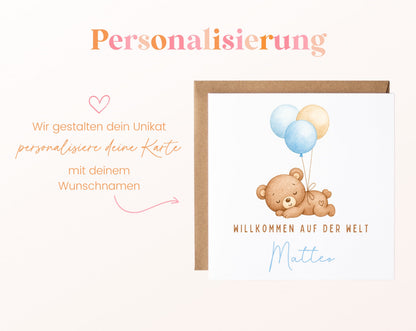 Geburtskarte Bär mit Luftballons – Hellblau – 08 perso ein wunschname