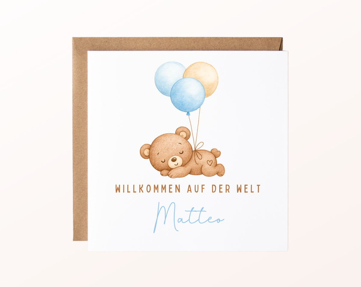 Geburtskarte Bär mit Luftballons – Hellblau – FabSiShop Mockup