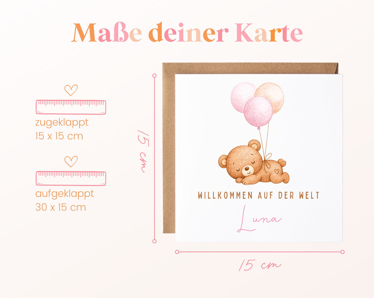 Geburtskarte Bär mit Luftballons – Rosa – 04 masse