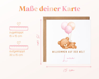 Geburtskarte Bär mit Luftballons – Rosa – 04 masse