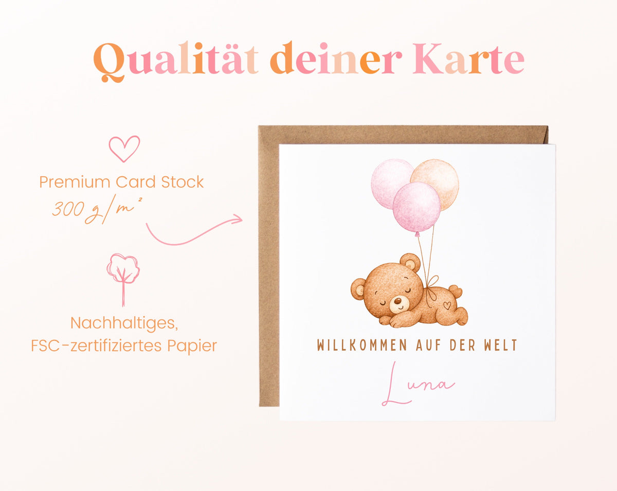 Geburtskarte Bär mit Luftballons – Rosa – 05B qualitaet 300