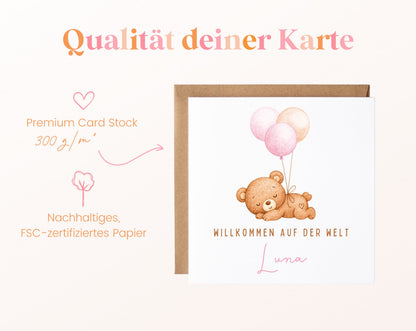 Geburtskarte Bär mit Luftballons – Rosa – 05B qualitaet 300