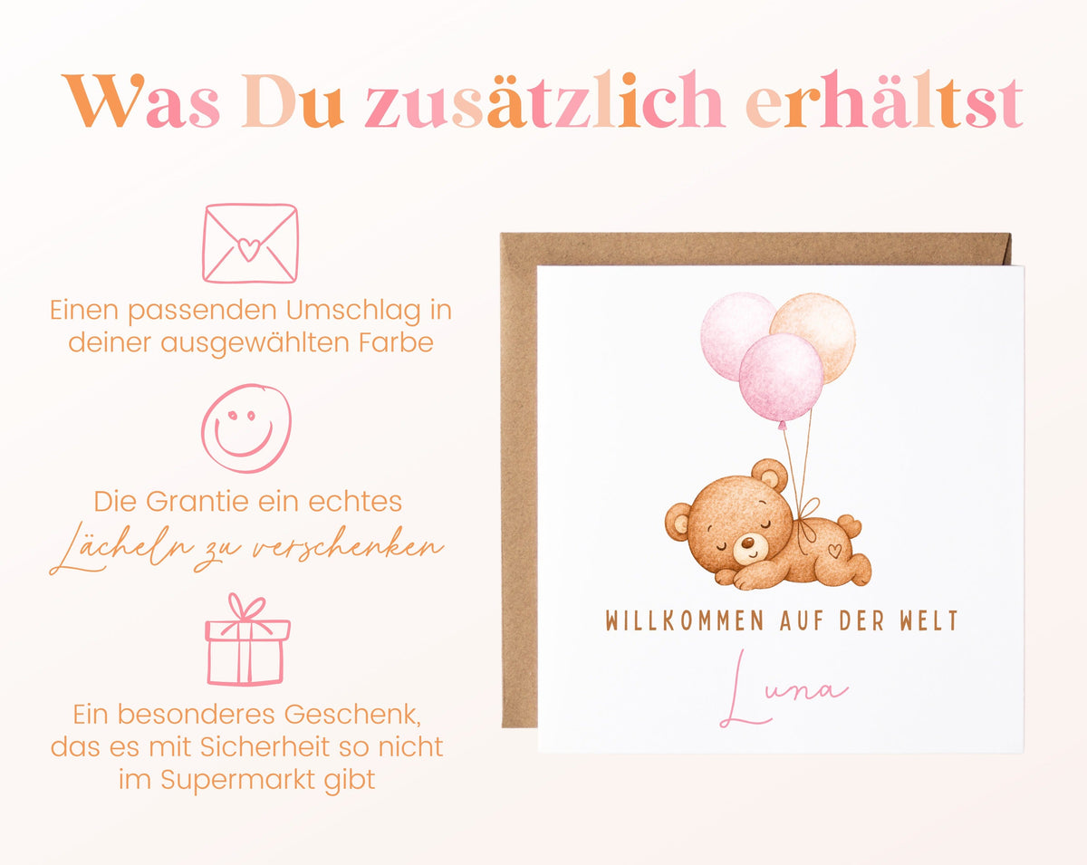 Geburtskarte Bär mit Luftballons – Rosa – 06 zusaetzlich