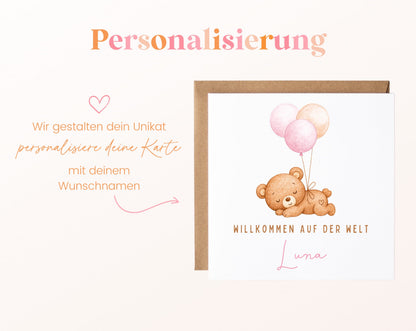 Geburtskarte Bär mit Luftballons – Rosa – 08 perso ein wunschname