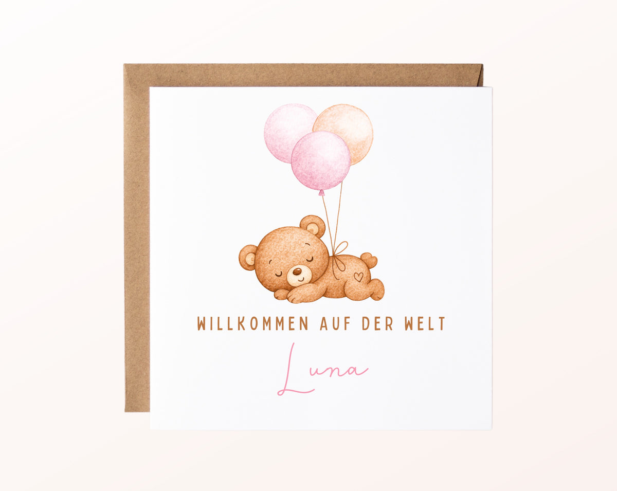 Geburtskarte Bär mit Luftballons – Rosa – FabSiShop Mockup