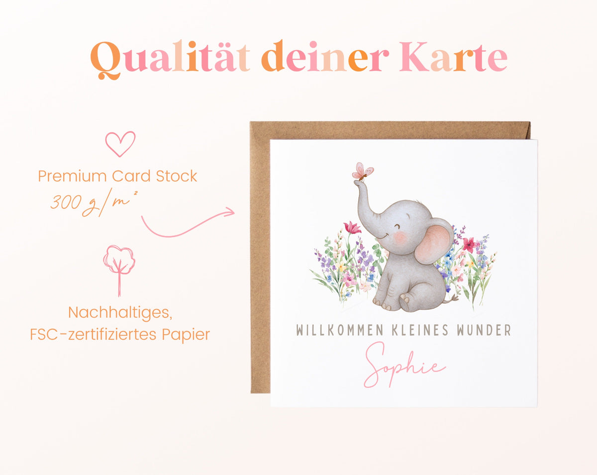 Geburtskarte Elefant im Blumenbeet – 05B qualitaet 300