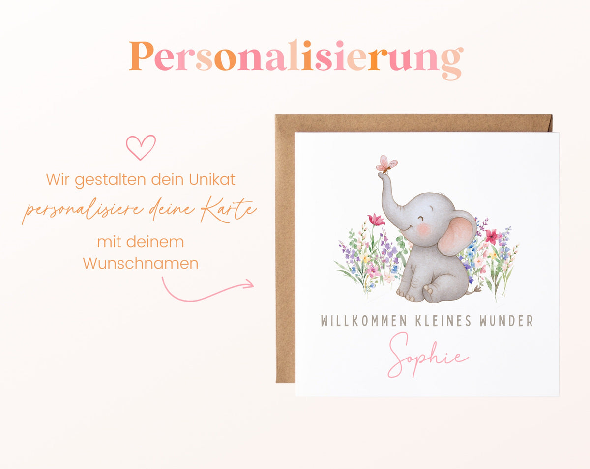 Geburtskarte Elefant im Blumenbeet – 08 perso ein wunschname