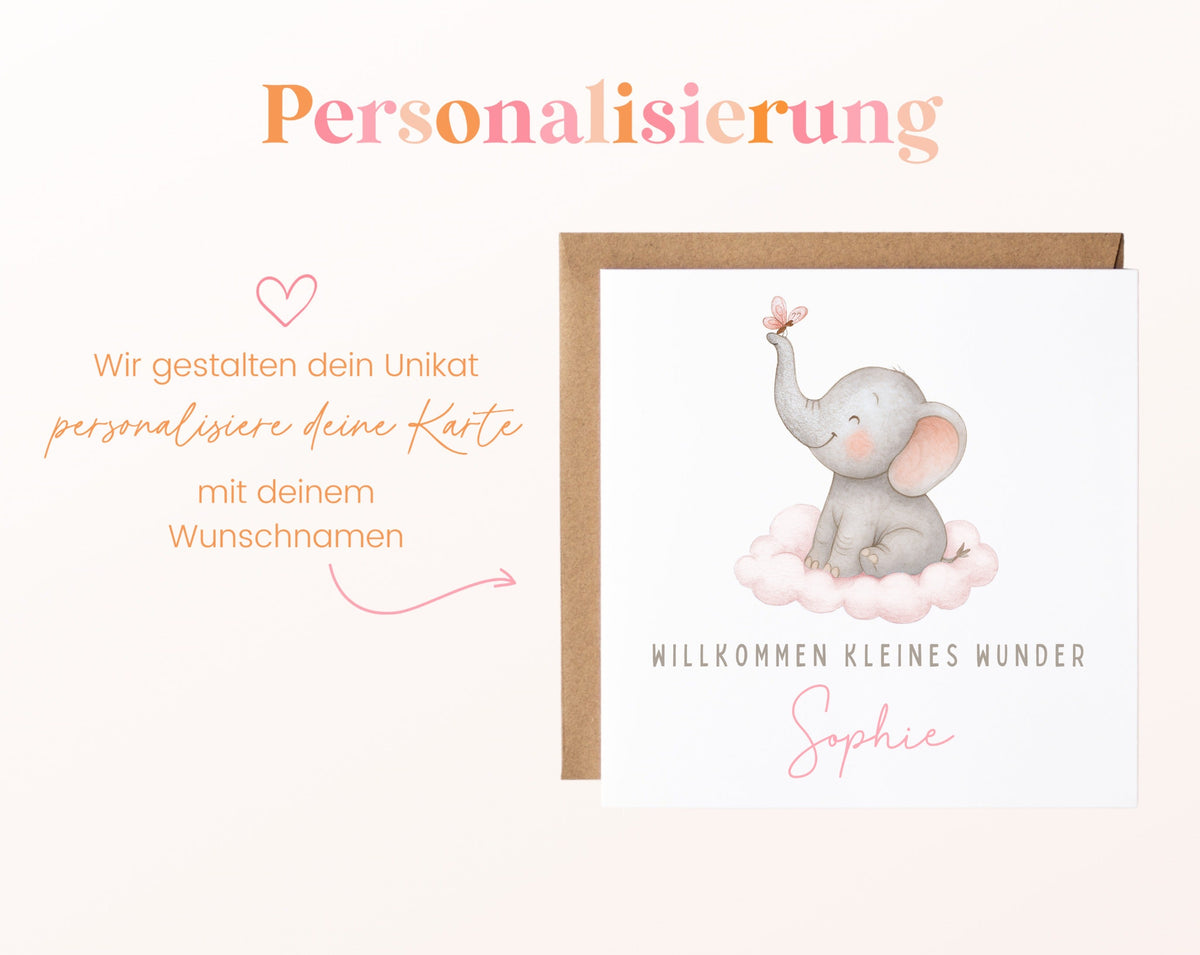 Geburtskarte Elefant auf Wolke – 08 perso ein wunschname