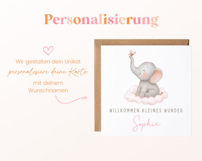 Geburtskarte Elefant auf Wolke – 08 perso ein wunschname