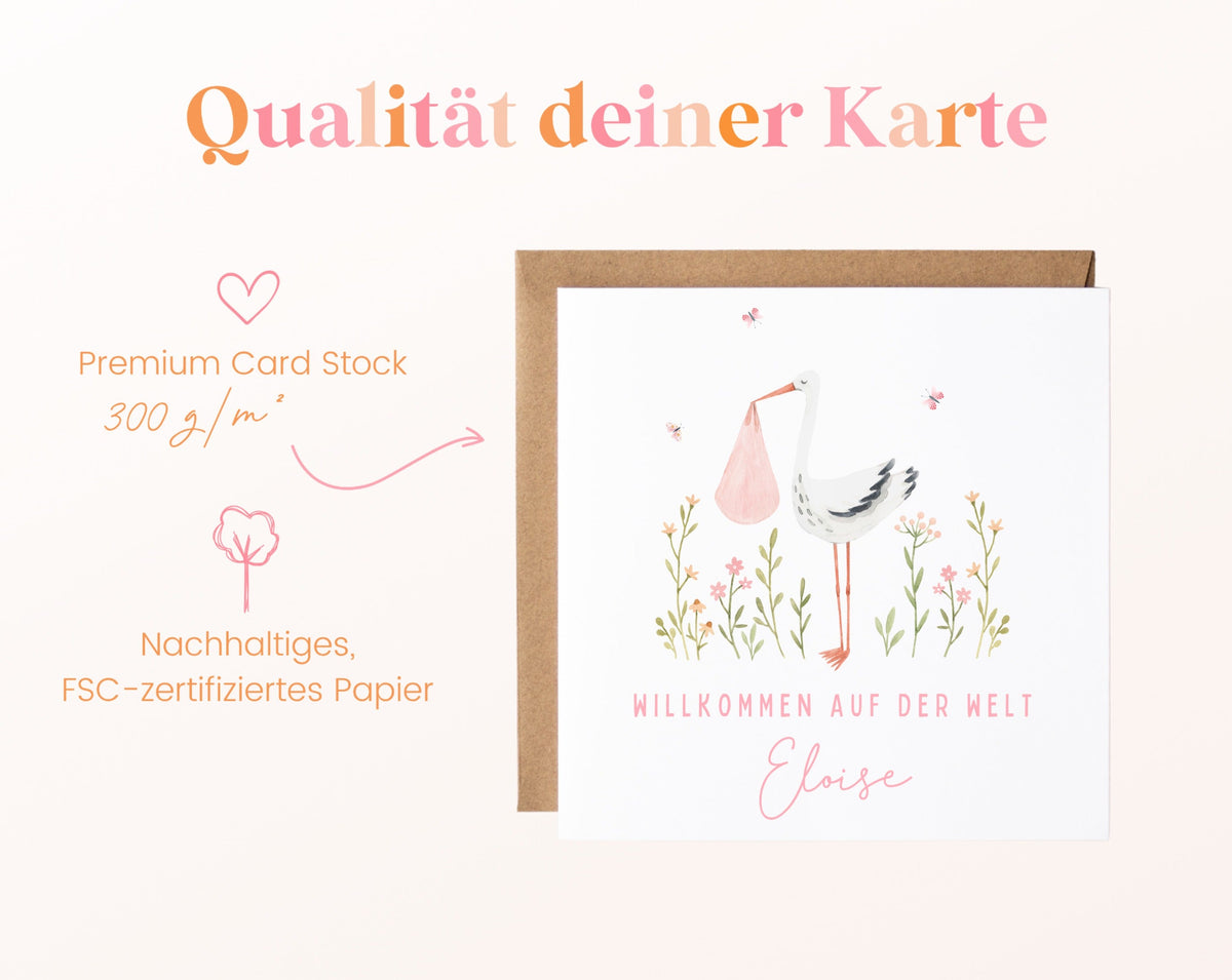 Geburtskarte Storch im Blumenbeet – 05B qualitaet 300