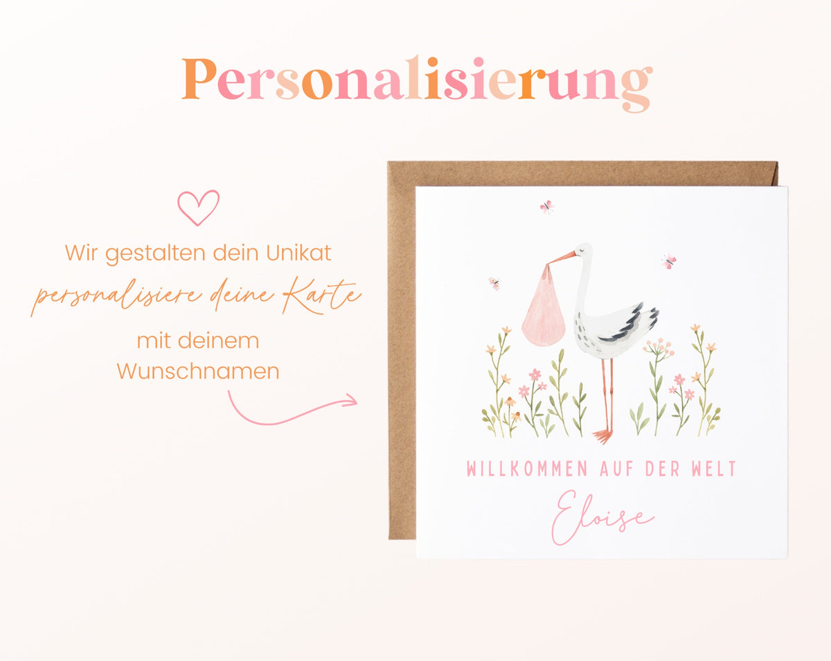 Geburtskarte Storch im Blumenbeet – 08 perso ein wunschname